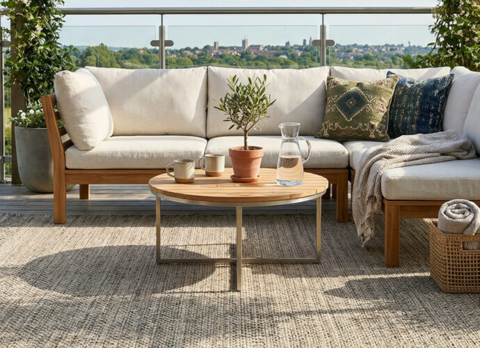 Zdjęcie przedstawia nowoczesną aranżację "salonu pod chmurką", gdzie głównym elementem jest dywan zewnętrzny o płaskim splocie, odporny na wodę i promieniowanie UV.