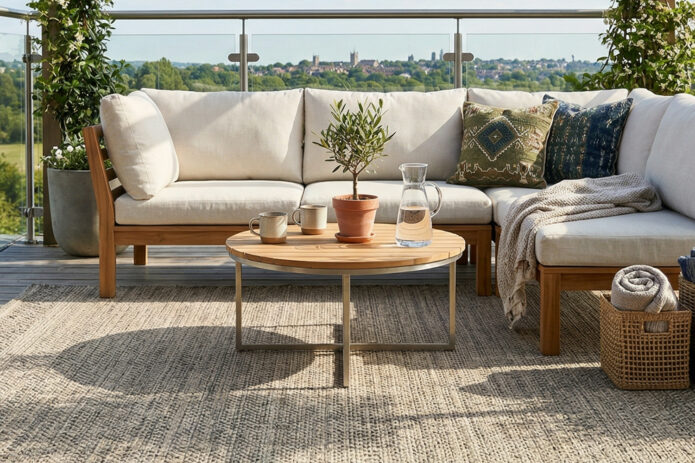 Zdjęcie przedstawia nowoczesną aranżację "salonu pod chmurką", gdzie głównym elementem jest dywan zewnętrzny o płaskim splocie, odporny na wodę i promieniowanie UV.