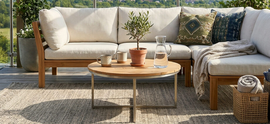 Zdjęcie przedstawia nowoczesną aranżację "salonu pod chmurką", gdzie głównym elementem jest dywan zewnętrzny o płaskim splocie, odporny na wodę i promieniowanie UV.