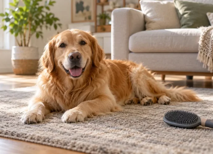 Wizualizacja golden retrievera leżącego na dywanie z krótkim runem w salonie