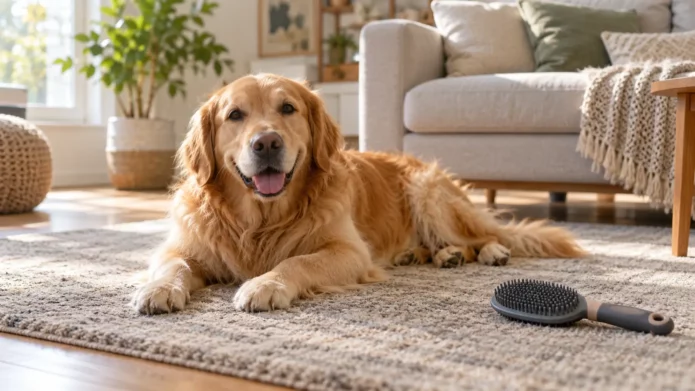 Wizualizacja golden retrievera leżącego na dywanie z krótkim runem w salonie