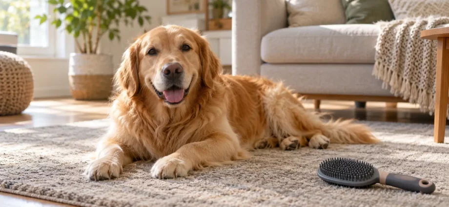 Wizualizacja golden retrievera leżącego na dywanie z krótkim runem w salonie