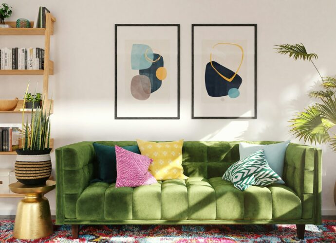 Zielona aksamitna sofa z kolorowymi poduszkami w jasnym salonie – aranżacja na kolorowo